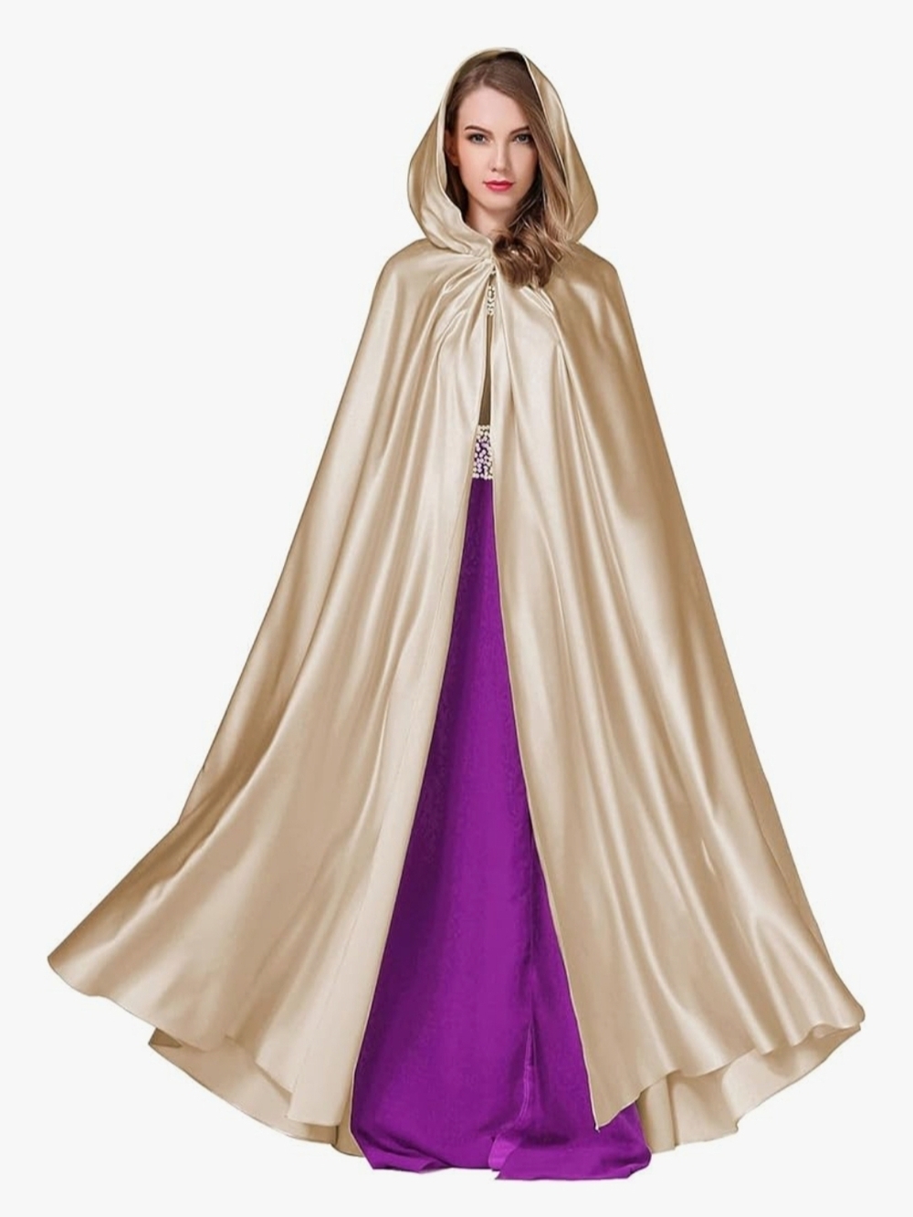 Women's Hooded Cape Cloak, Satin Draped Long, Champagne - Wedding Prom Halloween